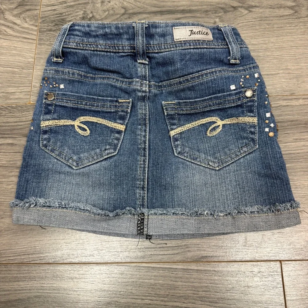 Y2K Justice Denim Mini Skirt Girls 7S Rhinestone Studded Bling Frayed‎ Hem
